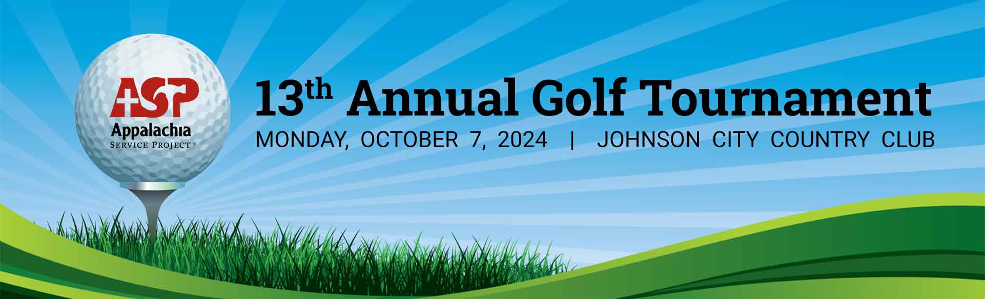 Image of golf ball on a tee, with ASP logo superimposed. 13th Annual Golf Tournament. Monday, October 7, 2024. Johnson City Country Club.